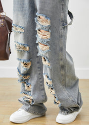 Style Denim Blue Oversized Cotton Ripped Jumpsuit Fall
