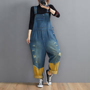 Style Denim Blue Pant Plus Size Spring Hole Jumpsuit Pants - SooLinen