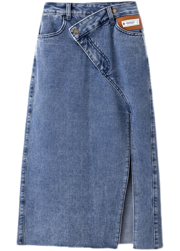 Stil Denim Hellblau Hohe Taille Seitlich offener Knopf Asymmetrische Taschen Baumwolle A-Linie Röcke Sommer