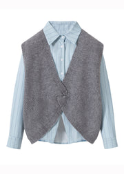 Style Design Grey Striped Shirts Vest Knit Two Pieces Set Fall