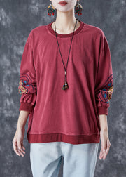Style Dull Red Embroidered Cotton Loose Sweatshirts Top Fall
