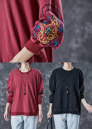 Style Dull Red Embroidered Cotton Loose Sweatshirts Top Fall