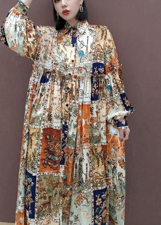 Style Floral Tunics Lapel Exra Large Hem Vestidos De Lino Spring Dresses - SooLinen