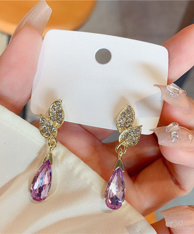 Style Gold Copper Inlaid Zircon Crystal Leaves Water Drop Drop Earrings