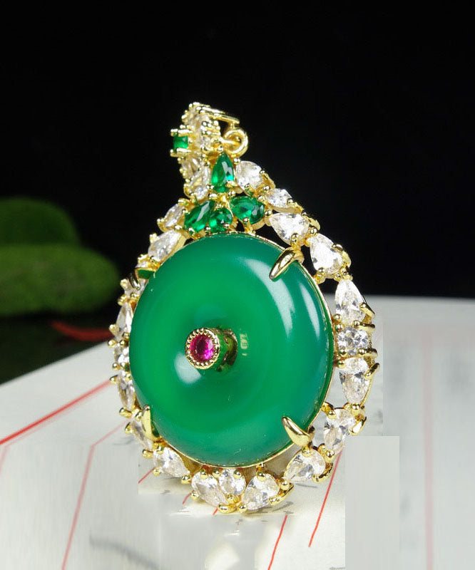 Style Gold Green Agate Zircon Circular Pendant Necklace