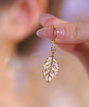 Style Gold Sterling Silver Inlaid Zircon Leaf Drop Earrings