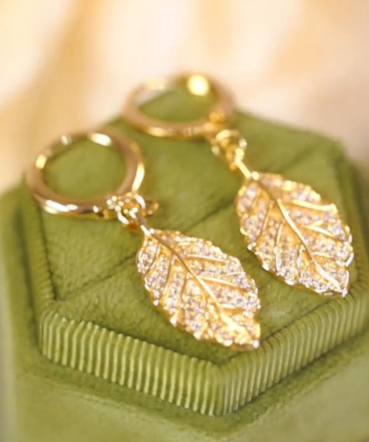 Style Gold Sterling Silver Inlaid Zircon Leaf Drop Earrings