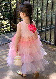 Style Gradient Pink O Neck Ruffled Patchwork Tulle Baby Girls Dresses Sleeveless
