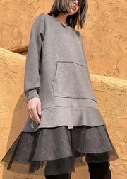 Style Gray Clothes Women O Neck Patchwork Spring Dresses - SooLinen