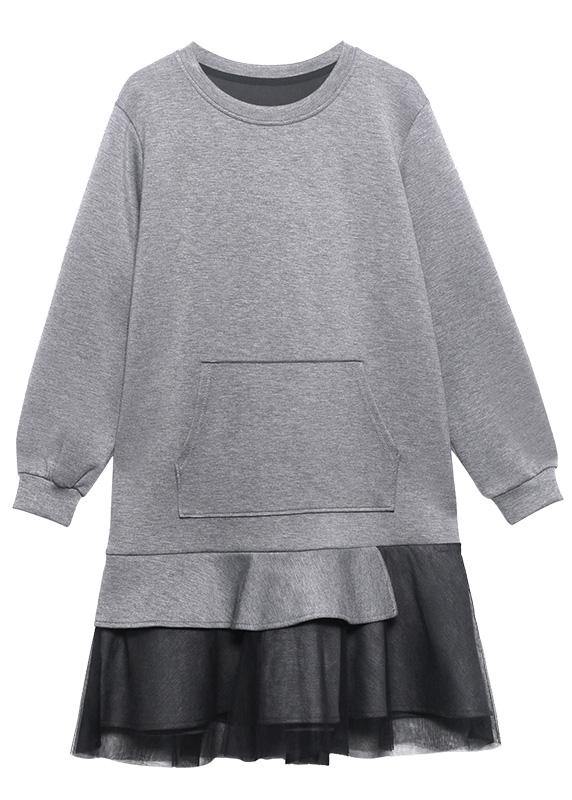 Style Gray Clothes Women O Neck Patchwork Spring Dresses - SooLinen