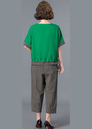 Style Grünes asymmetrisches Design Patchwork-Leinenoberteile und Haremshosen, zweiteiliges Set mit kurzen Ärmeln