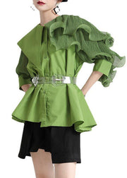 Style Green Asymmetrical Design Patchwork Wrinkled Blouses Half Sleeve - SooLinen