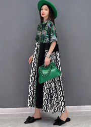 Style Green Asymmetrical Design Print Silk Shirt Dress Short Sleeve
