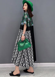 Style Green Asymmetrical Design Print Silk Shirt Dress Short Sleeve