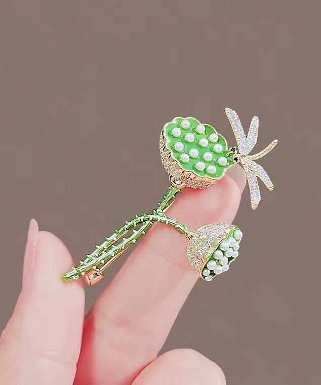 Style Green Copper Zircon Pearl Dragonfly Lotus Root Brooches