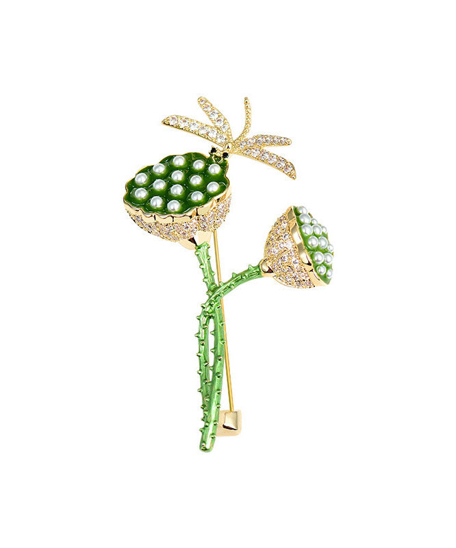 Style Green Copper Zircon Pearl Dragonfly Lotus Root Brooches