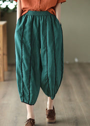 Style Green Elastic Waist Patchwork Pockets Linen Pants Summer