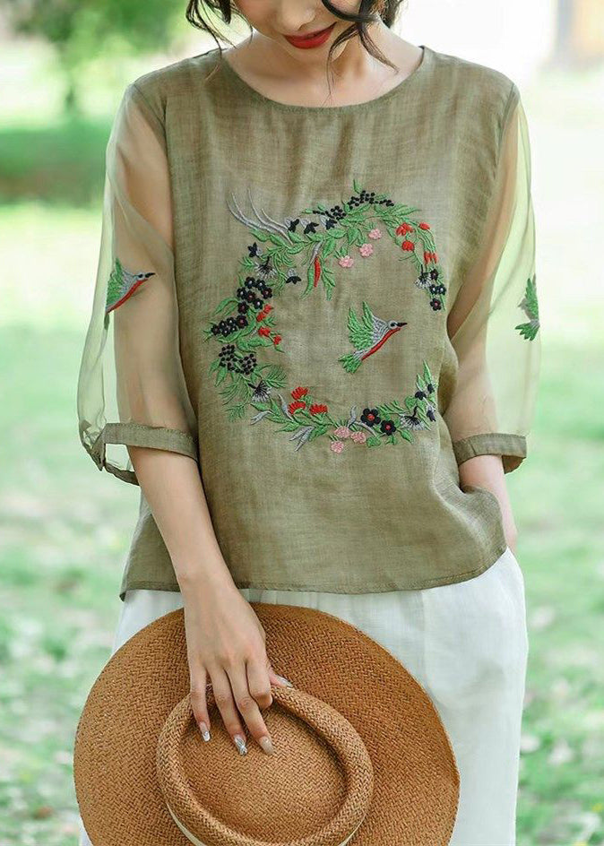 Style Green Embroidered Patchwork Hollow Out Linen Shirt Summer