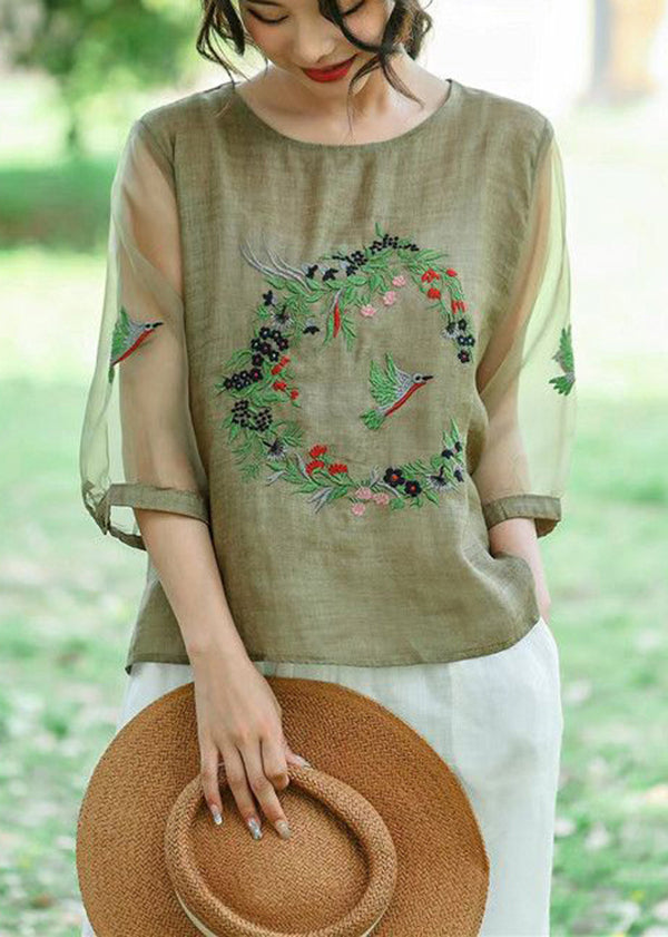 Style Green Embroidered Patchwork Hollow Out Linen Shirt Summer