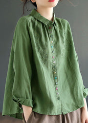 Style Green Embroidered Patchwork Linen Shirts Spring