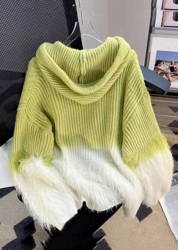 Style Green Hooded Patchwork Mink Hair Knitted Sweaters Winter