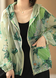 Stil Grün Kapuze Taschen mit Reißverschluss Kordelzug Druck UPF 50+ Mantel Jacken Sommer