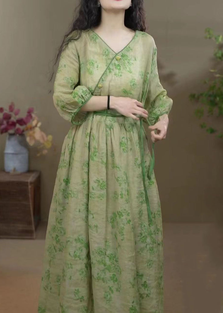 Style Green Lace Up Print Pockets Cotton Long Dress Bracelet Sleeve