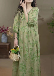 Style Green Lace Up Print Pockets Cotton Long Dress Bracelet Sleeve