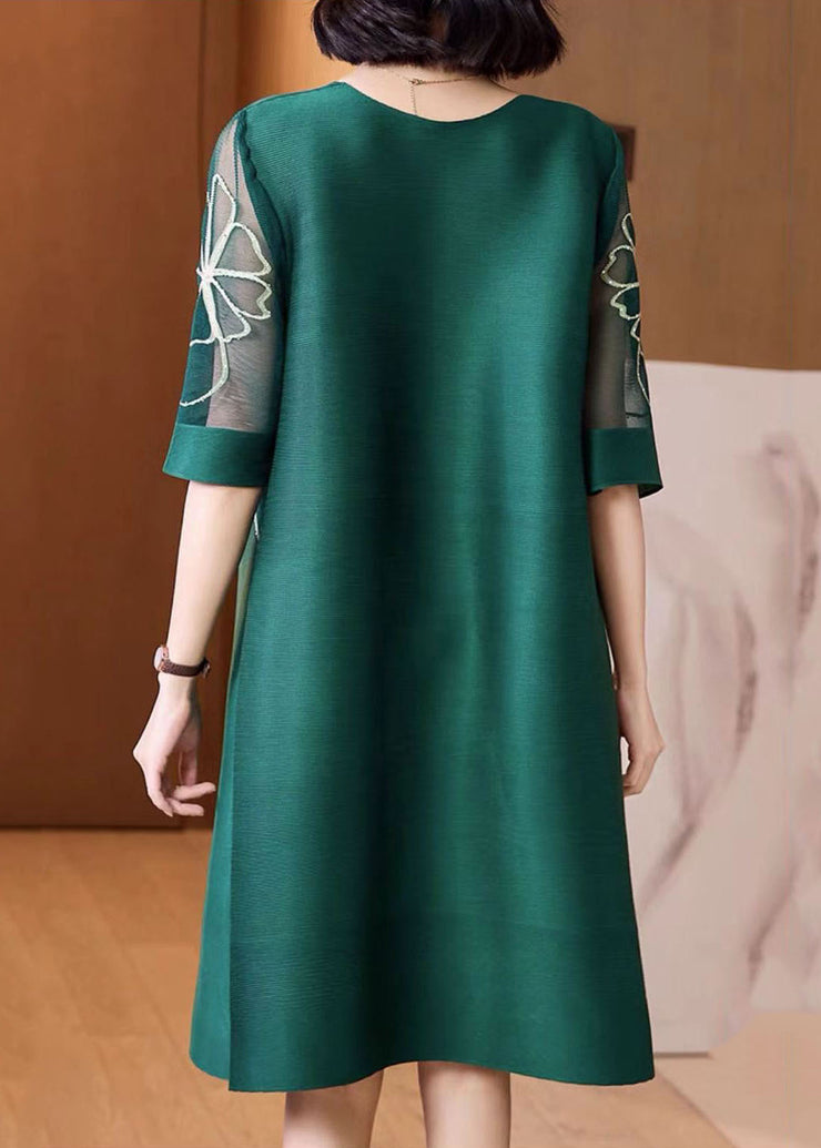 Style Green O-Neck Hollow Out Print Silk A Line Dresses Short Sleeve