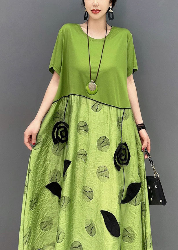 Style Green O-Neck Patchwork Floral Cotton Long Dress Summer