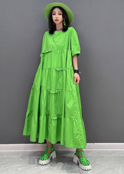 Style Green O-Neck Patchwork Pockets Ankle Dress Short Sleeve