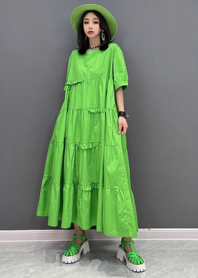 Style Green O-Neck Patchwork Pockets Ankle Dress Short Sleeve