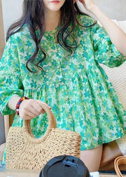 Style Green O Neck Print Wrinkled Cotton Shirt Top Summer