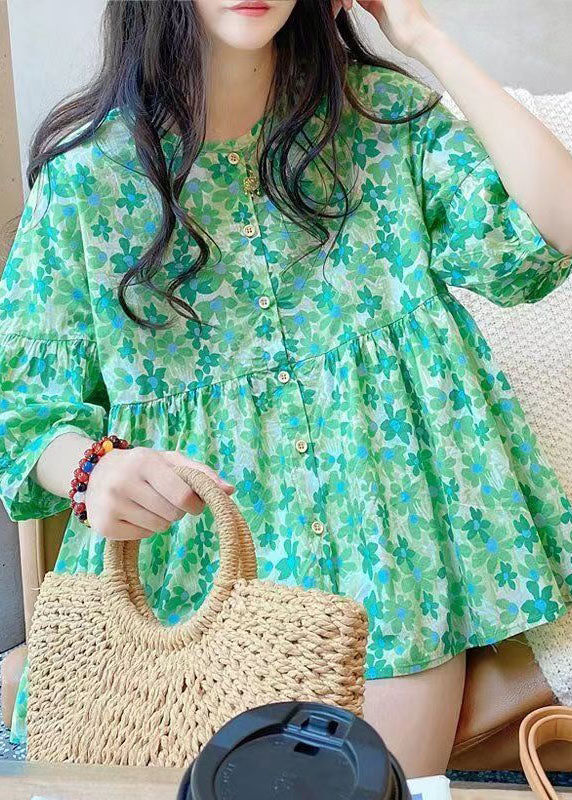 Style Green O Neck Print Wrinkled Cotton Shirt Top Summer