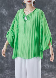 Style Green Oversized Wrinkled Lace Up Chiffon Blouse Top Lantern Sleeve