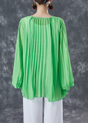 Style Green Oversized Wrinkled Lace Up Chiffon Blouse Top Lantern Sleeve