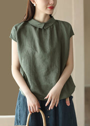 Style Green Peter Pan Collar Button Patchwork Linen Shirt Top Summer