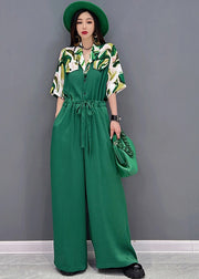 Style Green Peter Pan Collar Drawstring Print Chiffon Jumpsuit Short Sleeve