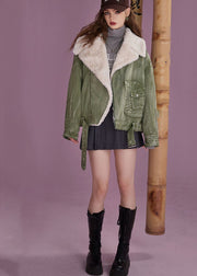 Style Green Peter Pan Collar Pockets Patchwork Warm Fleece Coats Winter