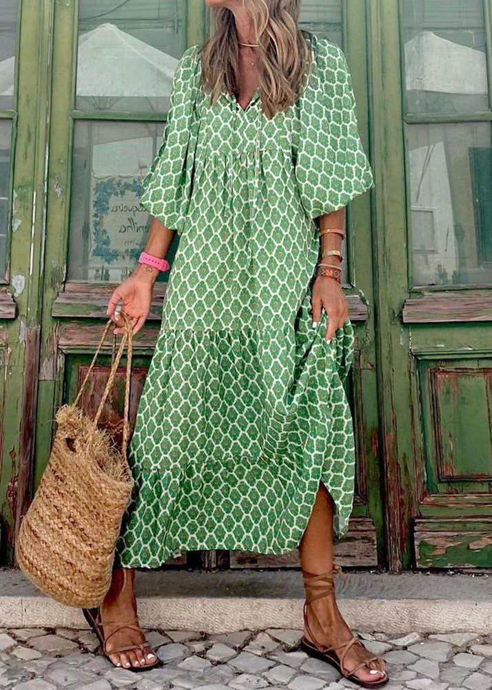 Style Green Print Patchwork Exra Large Hem Party Long Dress Half Sleeve
