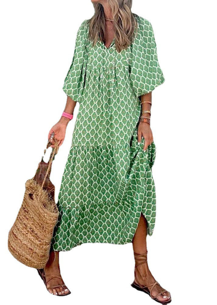 Style Green Print Patchwork Extra großer Saum Party Langes Kleid mit halben Ärmeln