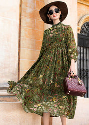 Style Green Ruffled Jacquard Patchwork Silk Velour Dresses Fall