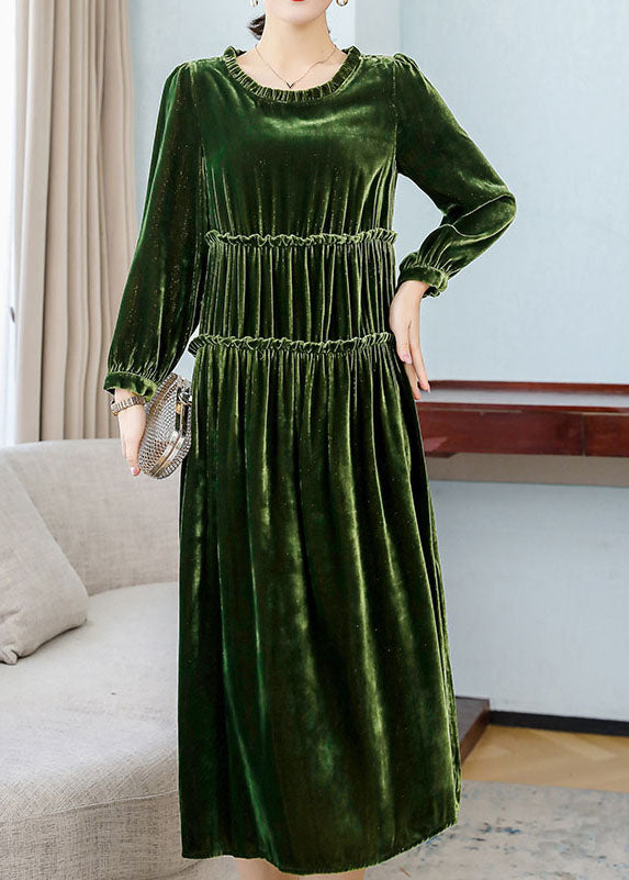 Style Green Ruffled Patchwork Velour Long Dresses Spring