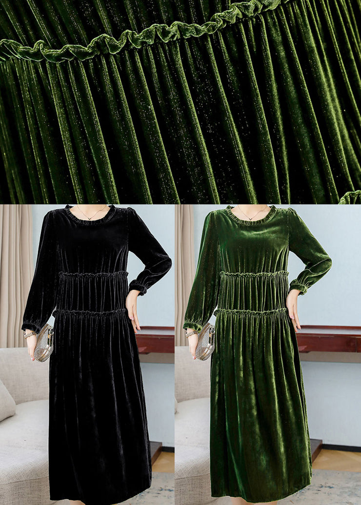 Style Green Ruffled Patchwork Velour Long Dresses Spring