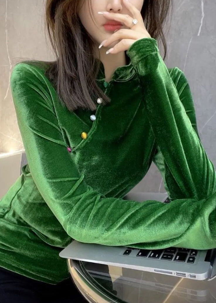 Style Green Stand Collar Button Velour Tops Bottoming Shirt