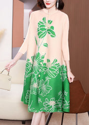 Style Green Stand Collar Print A Line Dresses Bracelet Sleeve