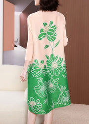 Style Green Stand Collar Print A Line Dresses Bracelet Sleeve