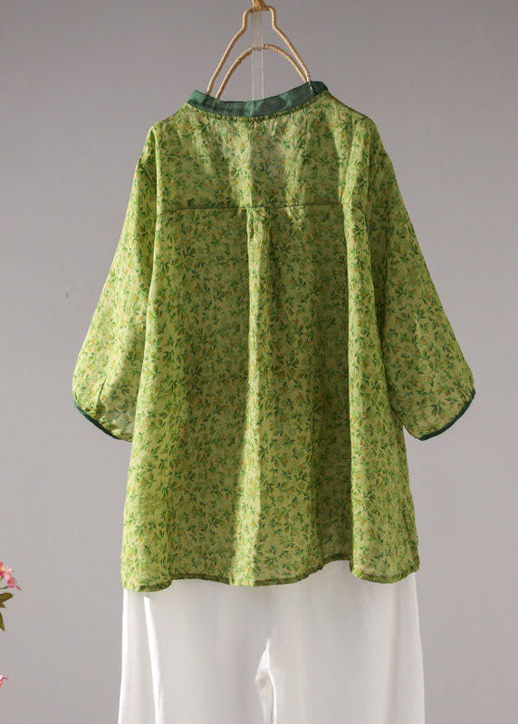 Style Green Stand Collar Print Linen Shirt Top Half Sleeve