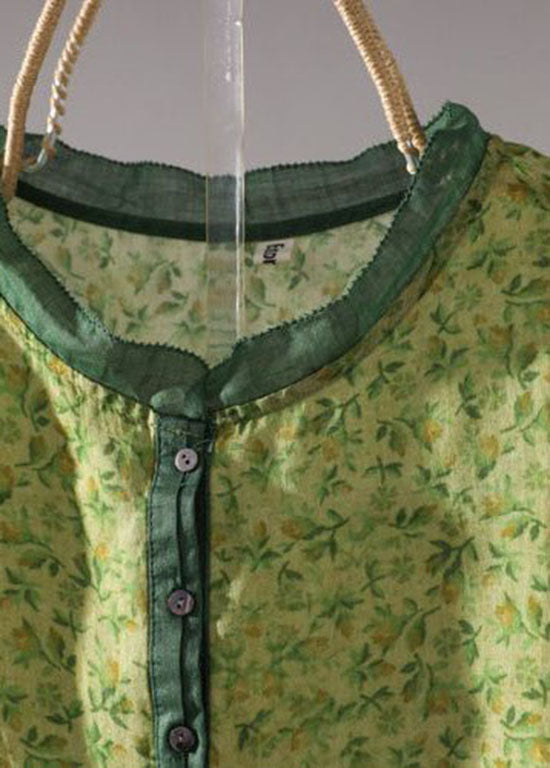 Style Green Stand Collar Print Linen Shirt Top Half Sleeve