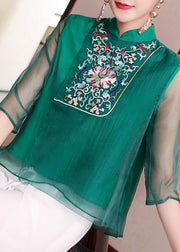 Style Green Stand Collar button Embroidered Chiffon Top Half Sleeve
